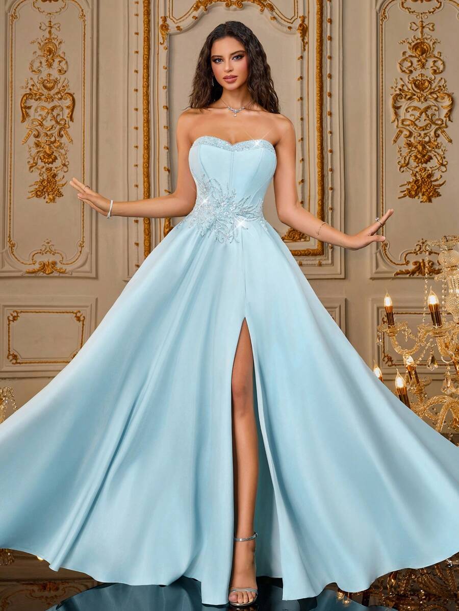 VIPGIRL Vestido de satén sin tirantes para fiesta de graduación en color blush y azul hielo con Body bordado y abertura alta, elegante vestido de gala de estilo princesa, atuendo para dama de honor, vestido de fiesta para mujeres, vestidos formales y de noche para mujer