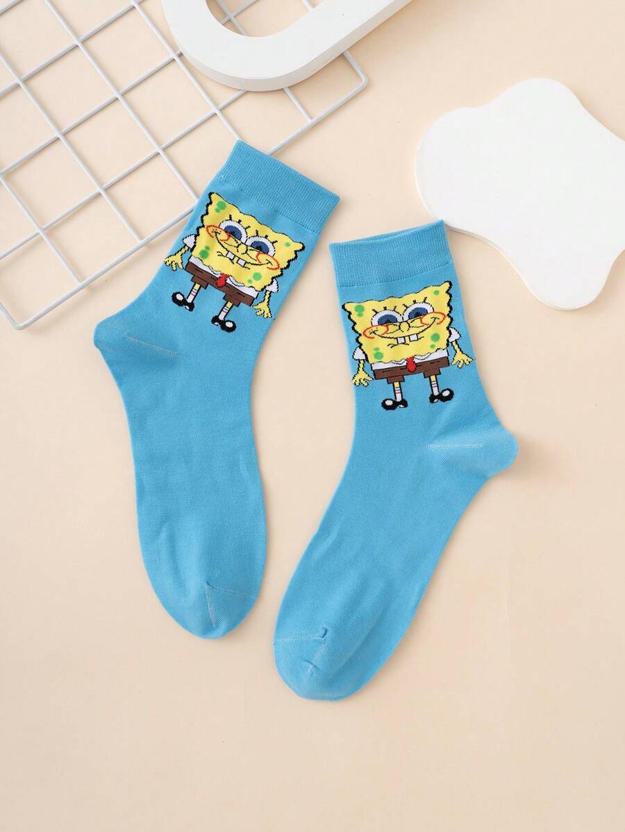 SPONGEBOB 1 Pair Unisex Cartoon Spongebob Pattern Colorful Jacquard Mid-Calf Socks, Sports Style, Suitable For All Seasons, European & American Size, Comfortable Breathable Durable, Ideal For Everyday Wear, Premium Fabric, Non-Sweaty
