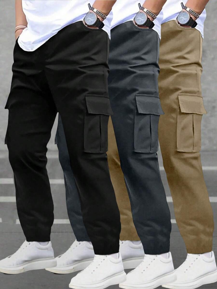 Set da 3 pantaloni cargo da uomo tinta unita, multi-tasche, casual, leggeri, per spiaggia e vacanze estive, pantaloni della tuta sciolti, pantaloni sportivi, pantaloni da trekking all'aperto, joggers, pantaloni alla caviglia casual per uso quotidiano