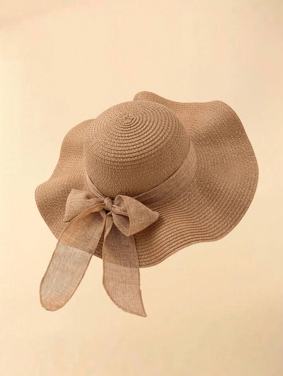 1 Stück Damen Frühling/Sommer Wellenkante Schleife Dekor Schlapphut, ideal für Strand-Outfit im Urlaub
