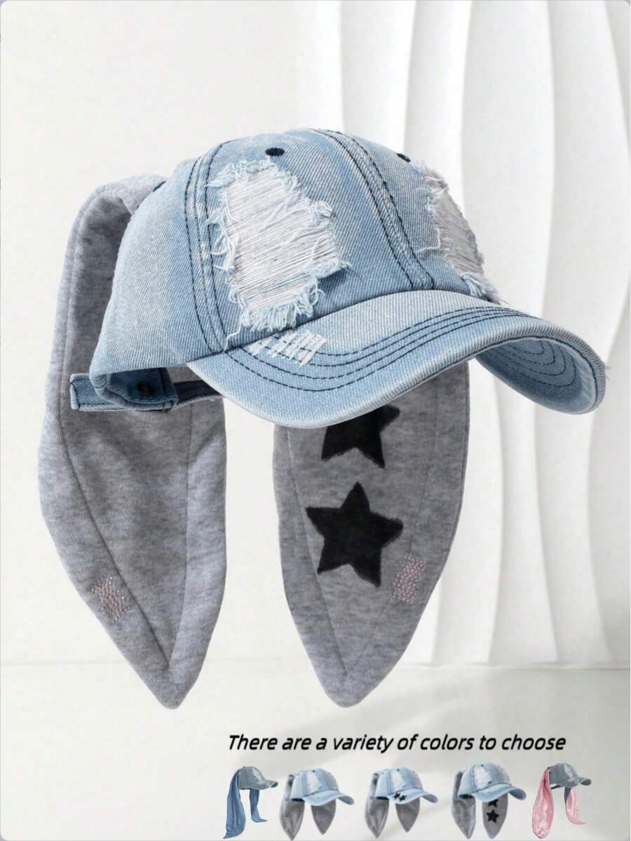 1 pièce Casquette de baseball, chapeau de mode pour femme avec décoration d'oreilles de lapin, casquette vintage délavée et déchirée, décoration d'imprimé étoile, chapeau d'été de protection solaire pour l'extérieur, unisexe pour Halloween