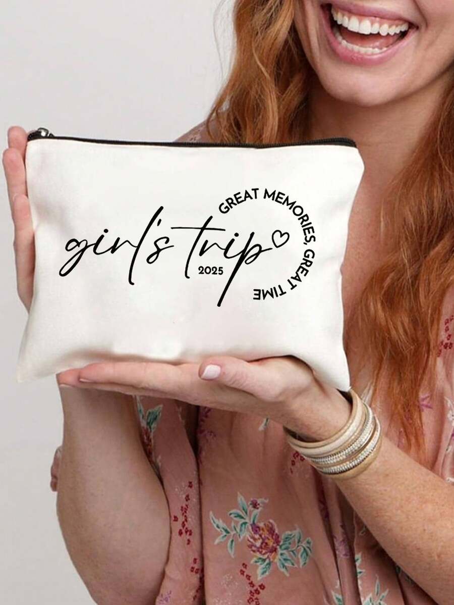 1pc Great Memories Trip Makeup Bag ,Cherished Memories Makeup Bag - S Trip 2025 Printed Cosmetic Pouch With Heart Design, Durable Polyester Travel Toiletry Organizer For Women, Best Friends & Loved Ones - Perfect Gift For Daily Use & Trips, Makeup Pouch, Trip Themed Accessory, Secure Zipper Closuretravel Essentials Vacation Summer Holiday Back To School School Stuff Bag For School Travel Bag For Women Makeup Bag For Travel