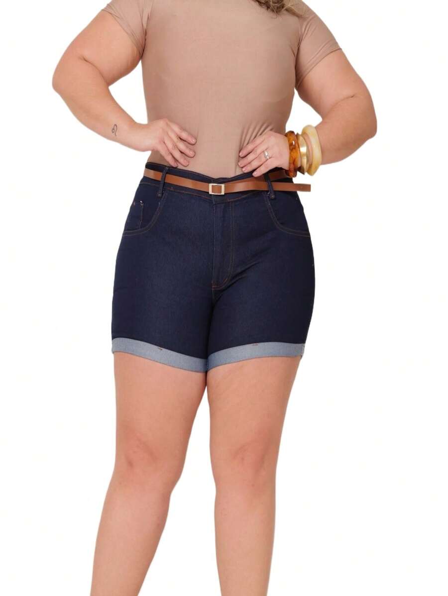 Short jeans plus size desfiado com lycra cintura alta