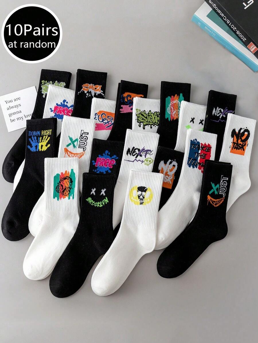 5/10 pares de estilo aleatorio de calcetines de media caña unisex con diseño de grafiti en blanco y negro para parejas, calcetines casuales para mujer, calcetines cómodos, transpirables y sencillos para deportes, baloncesto, fútbol, negros, blancos, calcetines para parejas, que absorben la humedad, antibacterianos y antiolor, adecuados para negocios y tiempo libre, deportes al aire libre, running