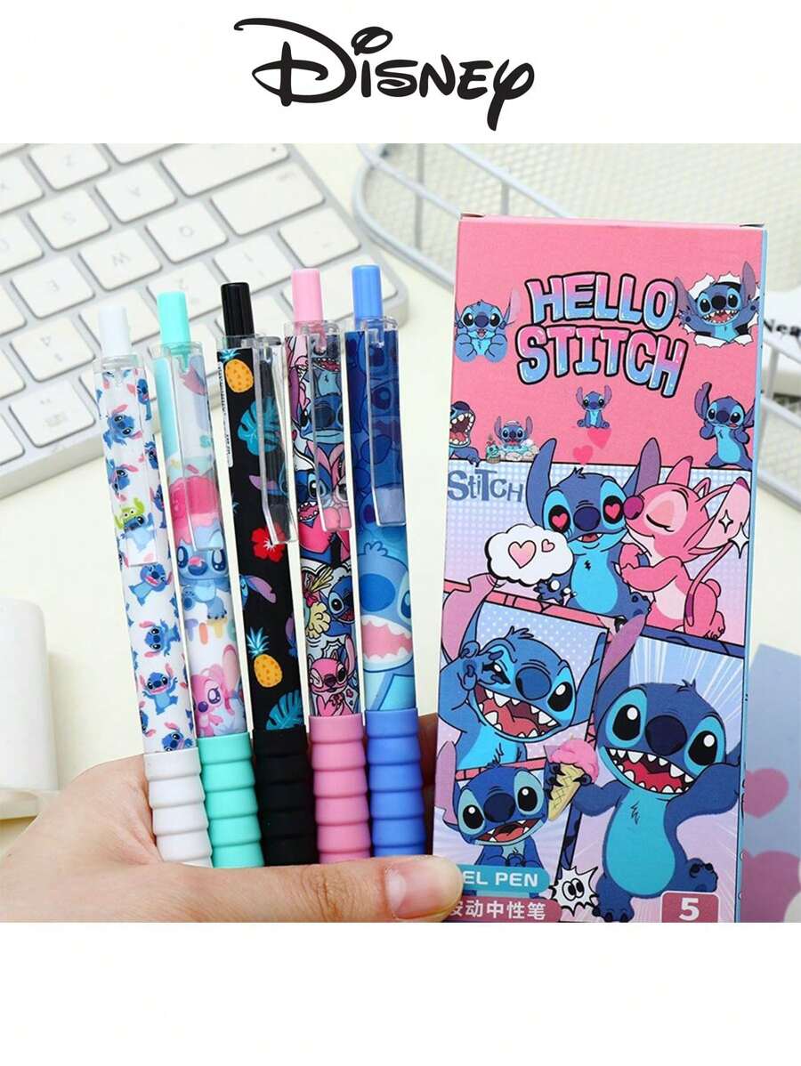 Takara Tomy Neue 5 Stück Disney Stitch Schwarze Gelschreiber, 0,5 mm schnell trocknend, federnd Stiftspitze, süßes Cartoon Motiv, Schulstart Zeit, Schulbedarf und Büromaterial, Studienzubehör, Unentbehrlich für den neuen Schultermin, Themen Party Belohnungsartikel, Schulbedarf, Schulanfang