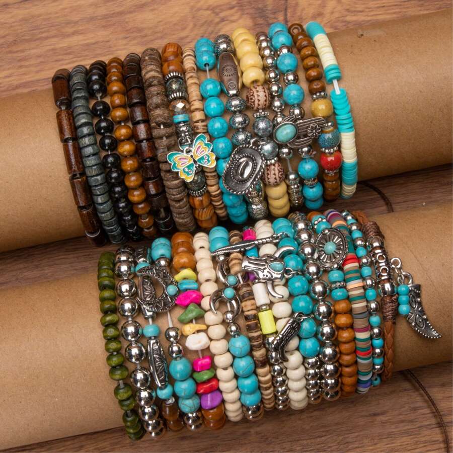 10pcs/20pcs/30pcs Bohemian Western Cowboy Style Turquoise Beaded Elastic Bracelet Set
