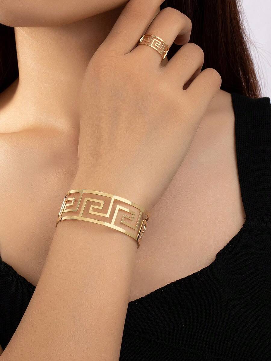 1 pulseira geométrica de metal da moda e 1 anel geométrico de metal da moda