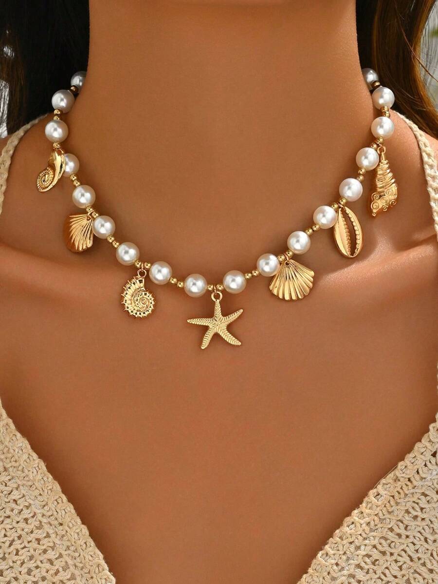 1pc Ocean Style Pendant Necklace, Fashion Faux Pearl CCB Beaded Necklace For Women, Suitable For Daily Wear, Beach Trip And Photography