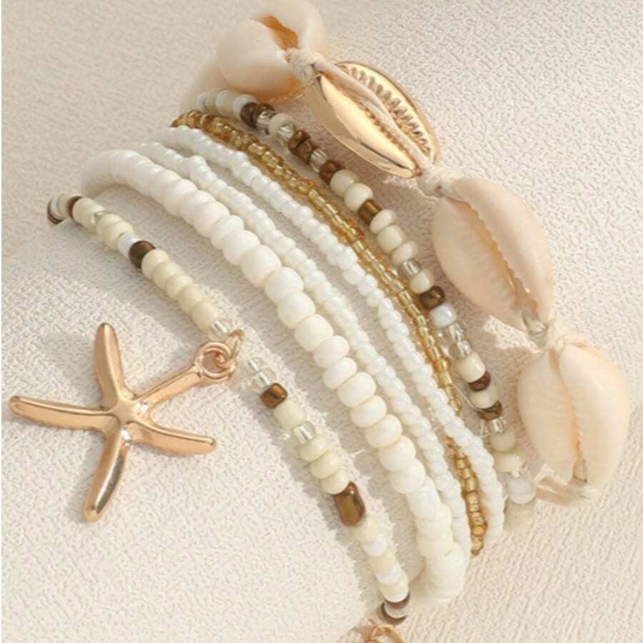 7pcs/Set Bohemian Style Shell & Beaded Bracelet & Anklet With Starfish Pendant, Women Jewelry Set (Random Bead Color)