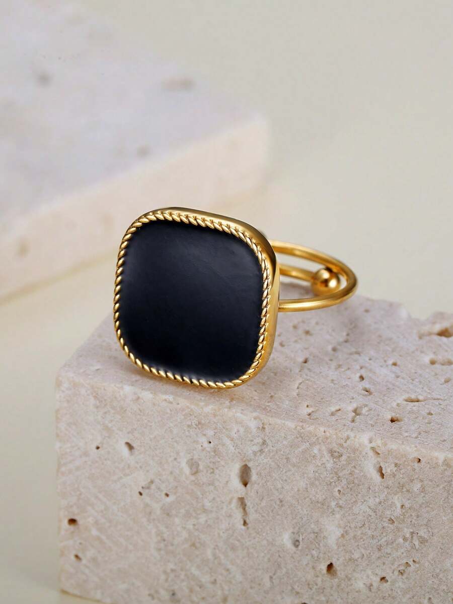 1 Stück eleganter, minimalistisch gestalteter quadratischer Druse-Perlen-Ring aus rostfreiem Stahl in verstellbarer Größe für Damen, Geschenk für die Verlobung