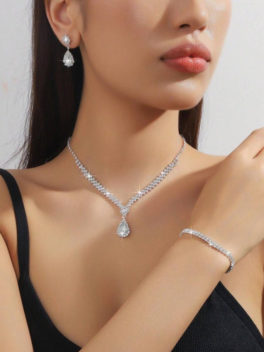 Set de 4/3 pièces pour femmes, collier avec pendentif goutte d'eau minimaliste, boucles d'oreilles, bracelet, ensemble de bijoux, accessoires de robe de mariée, de fête, de cadeau, de port quotidien