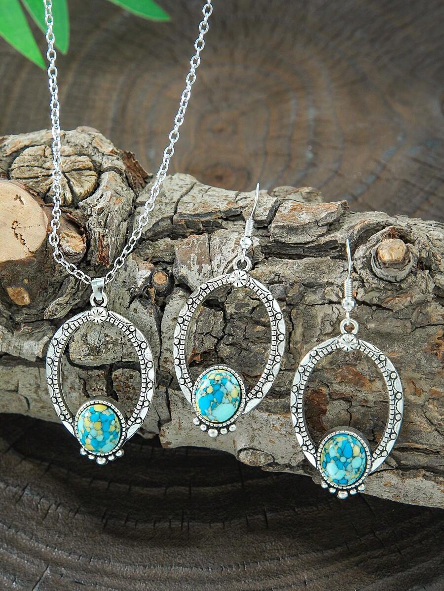 TopHanqi 3-teiliges Schmuckset für Frauen: Ohrringe mit künstlichen Edelsteinen, strukturiert, im Vintage-Stil verwendet, geometrisches Persönlichkeitsdesign, feine Kette Halskette - vielseitiges Accessoire für den täglichen Gebrauch und Partys