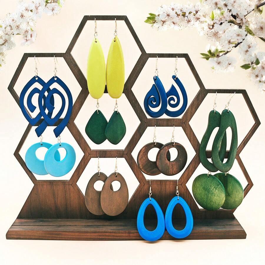 10 paires/set Boucles d'oreilles pendantes en bois minimalistes rétro, set de boucles d'oreilles polyvalent pour femmes, idéal pour le printemps, l'été et les vacances