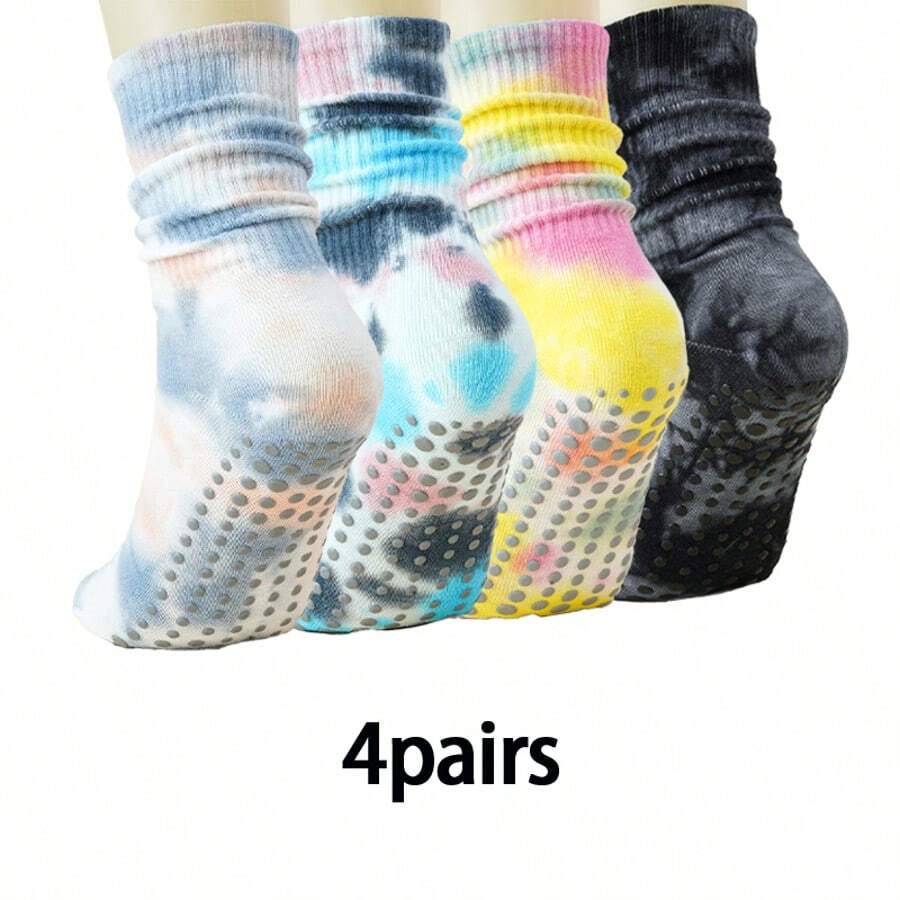 1 Paar / 4 Paar bunte Batik Mittelfuß Yoga Socken für Frauen, eleganter Retro-Stil für Pilates, Yoga, Gym, Zuhause, rutschfeste Silikonpunkte an der Unterseite, atmungsaktiv für alle Jahreszeiten