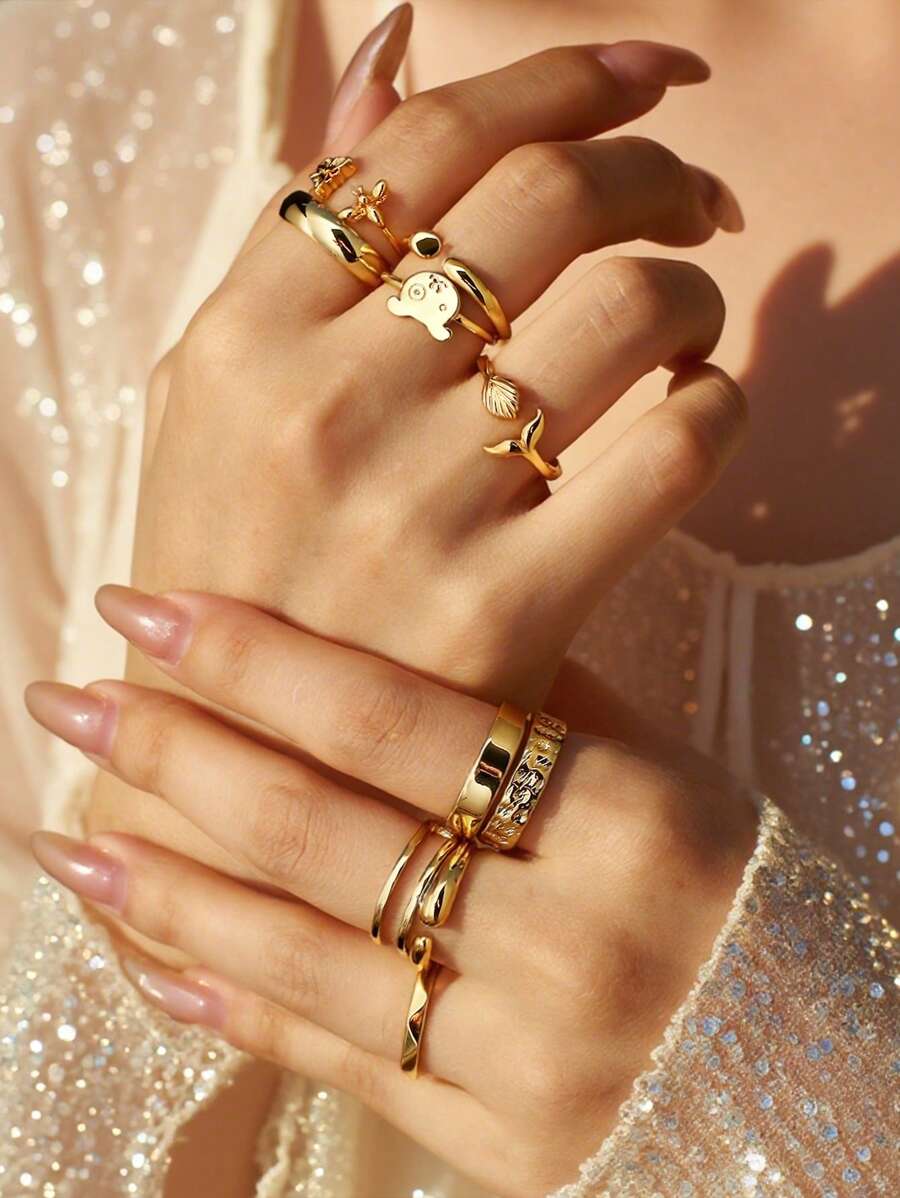 Charm-In 1 Stück 18 Karat vergoldeter messing einfacher C-förmiger glatter Ring / Welpen Muster Ring / Schmetterling Muster Ring, Geschenk