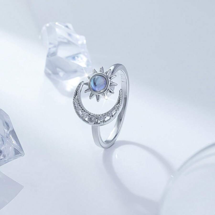 925er Sterlingsilber Ring mit Cut Out Sonnenblumen- und Mond-Design für Damen, Simulierter Mondstein Anxiety Spinning Ring
