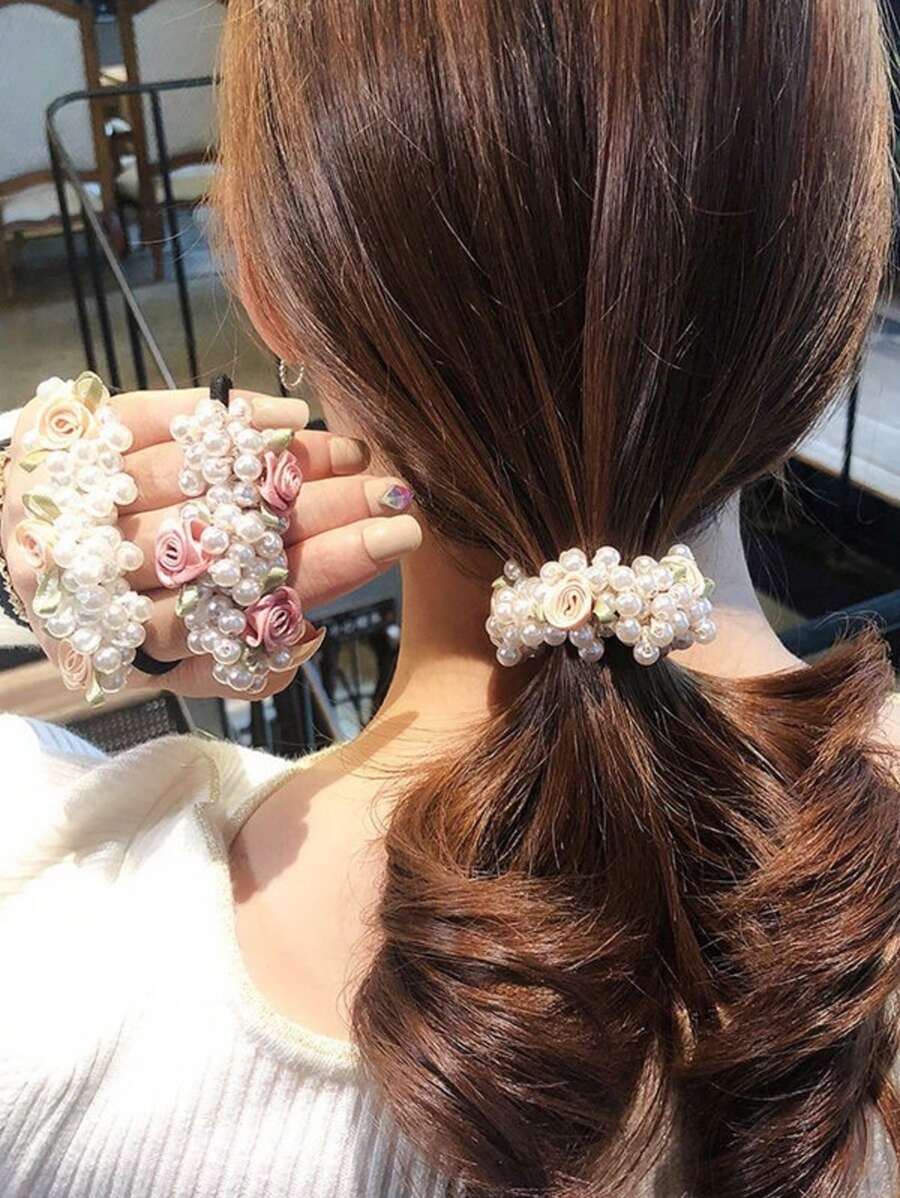 3 Peças Scrunchies de Cabelo com Pérola de Rosa, Elásticos de Cabelo, Acessórios de Cabelo Femininos, Segura o Penteado Sem Danificar o Cabelo