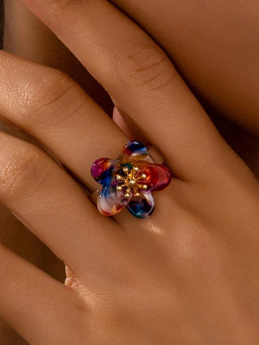 1 pieza Anillo de flor colorido de acrílico, diseño minimalista de moda, adecuado como regalo para mujeres para el Día de San Valentín o el Día de la Madre, color aleatorio