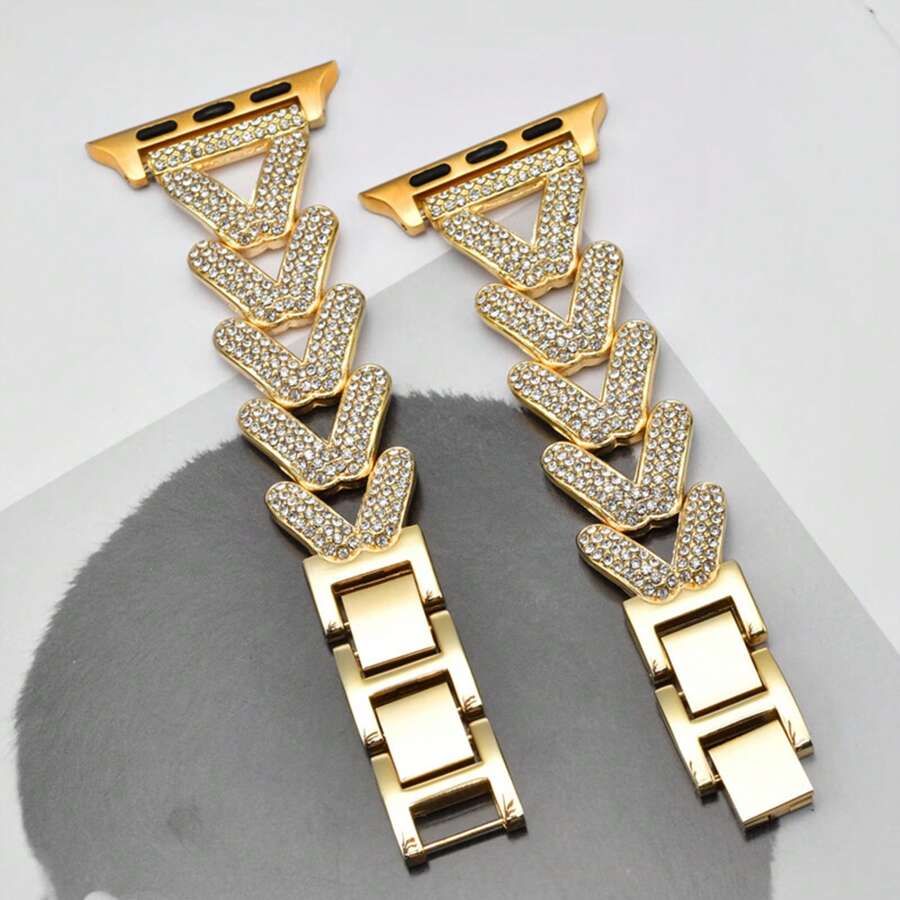 Metal Strap Compatible With Apple Watch Straps 38mm 40mm 41mm 42mm 44mm 45mm 49mm Women/Men,Stylish V Rhinestone Encrusted Wristband Replacement Band Compatible With IWatch Ultra SE Series 9 8 7 Se 6 5 4 3 2 1,Smartwatch Accessories,As A Gift For Friends And Family
