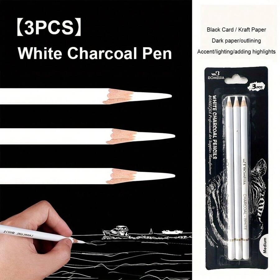 3 Stück/Set Soft/Medium/Hard 3-teiliger Highlight Kohlstift Skizze Weiße Kreide Kohlestift Kohlestift Weißer Kohlestift Set Schulbedarf, Schulanfang