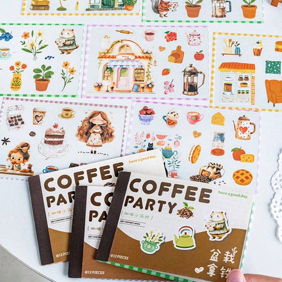12 Sheets/Book Sticker Book Coffee Party Series Coffee Scenery PET Sticker Book, Scrapbook Supplies, Notebook Accessories, Decorative Notebooks, Photo Frames, Phone Cases, Water Cups, Junk Magazines, Pencil Cases, DIY Personalized Stickers, School Supplies, Back To School