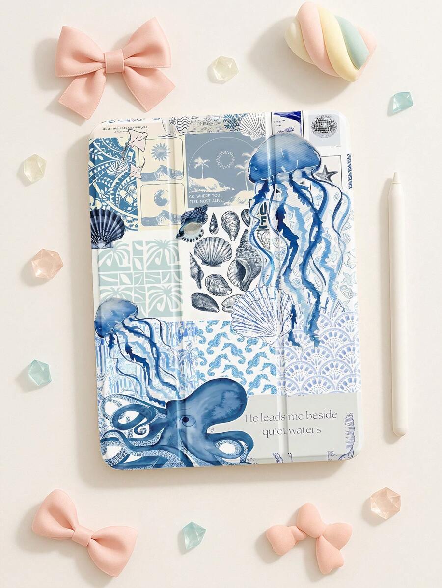 Ocean Beautiful Pattered Sword Castle Pattern Transparent Silicone Shock-Absorbing Stand With Pen Slot, Suitable For Galaxy Tab A8 10.5, S6 Lite 10.4, S7/S8/S9Inch. It Supports Sleep Awakening As A Holiday Gift