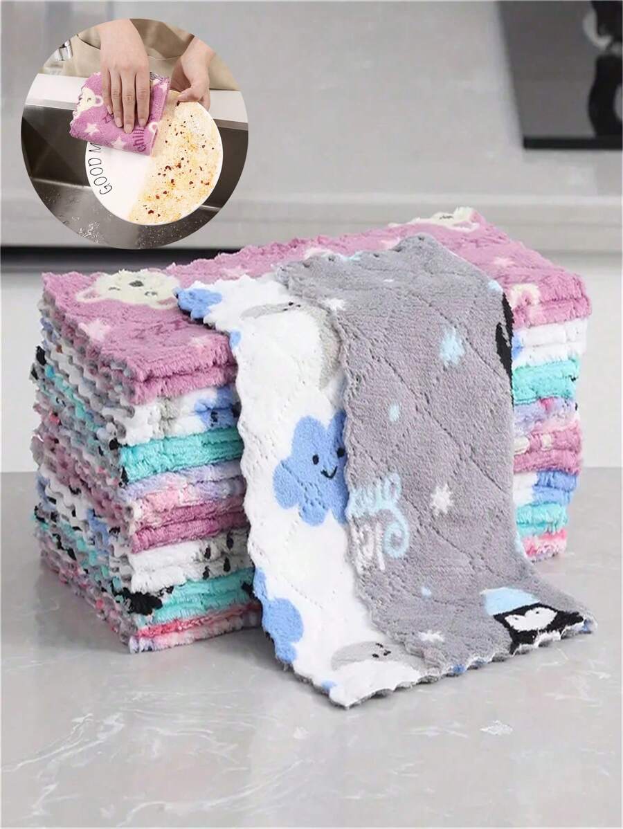 10pcs, Dish Cloth, Coral Velvet Cartoon Printed Double-Sided CleaningTowels, Scouring Pad, New Kitchen Printed Cleaning Cloth, SuperAbsorbent Wiping Cloth, Cleaning Supplies