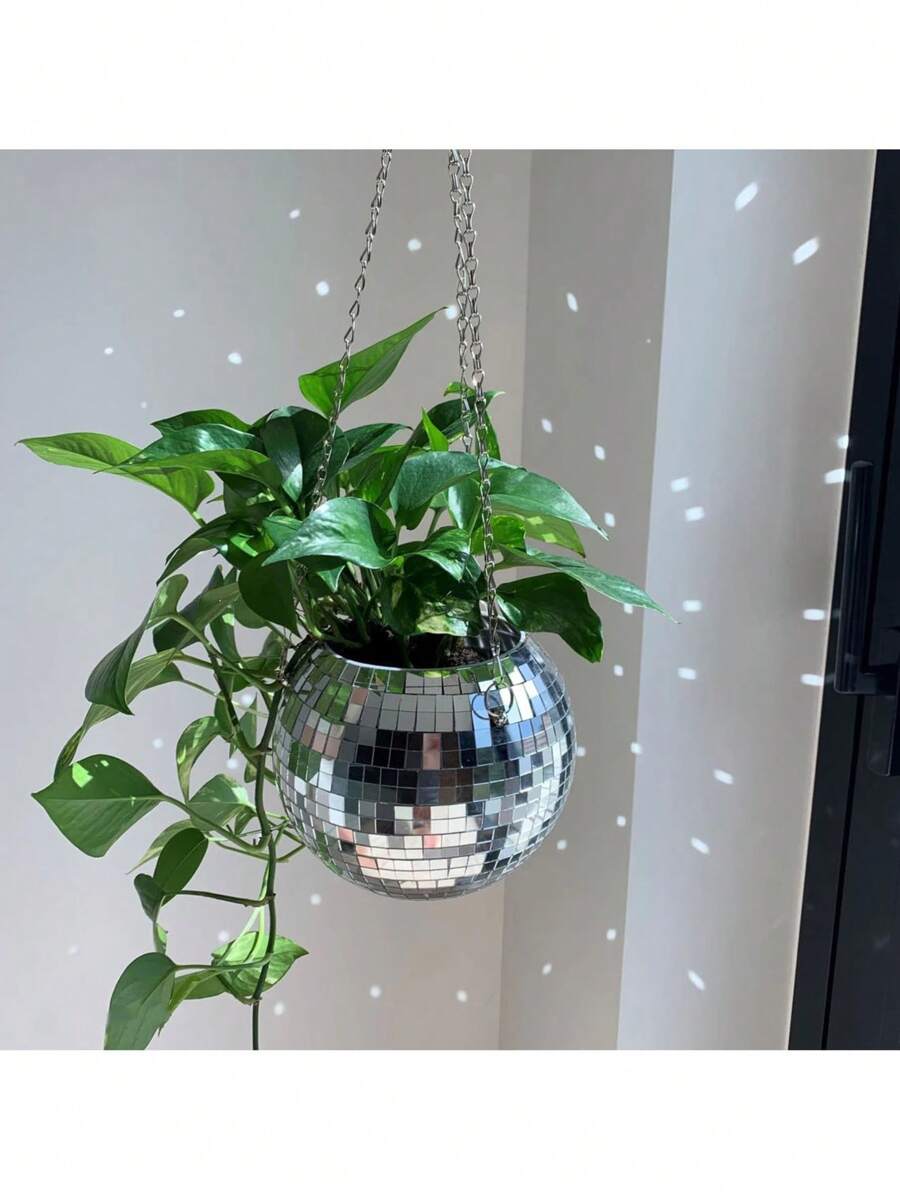 1 pièce Pot de fleurs sphérique en plastique à miroir suspendu en forme de boule à facettes, panier de jardin, pot de fleurs disco