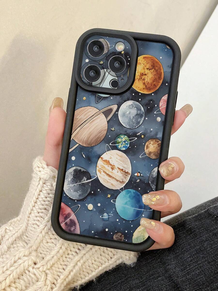 1pc Planet Pattern Protective Camera Thick Shockproof Black Phone Case Suitable For IPhone 11 Pro Max/12 Pro Max/13 Pro Max/14 Pro Max/15 Pro Max/16 Plus/16 Pro Max,16E, Galaxy A55/Galaxy A15/Galaxy S24 Ultra/S25 Ultra/Redmi, OPPO/Realme, VIVO, Infinix, Honor, MOTO, One Plus