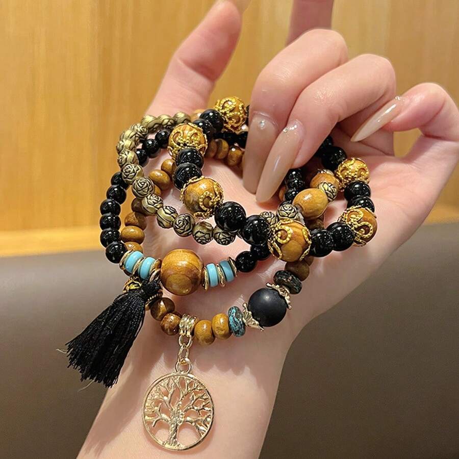 4pcs/Set Boho Style Multi-Layer Wooden Beaded Bracelet With Life Tree Tassel Pendant, Suitable For Daily Wear