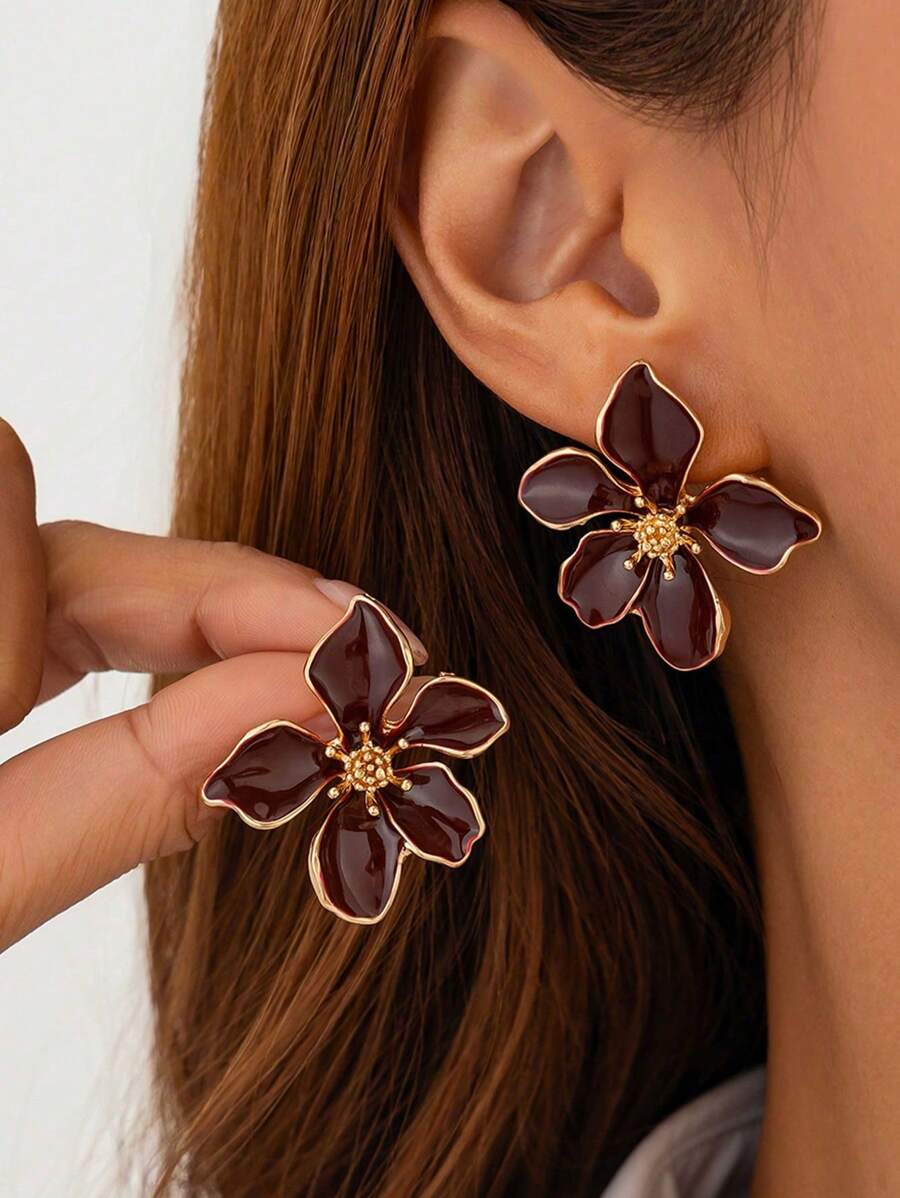 2 Pcs Fashion Needle Drop Glaze Pink Red Flower Earrings Claret Flower Stud Earrings Ladies Daily Wear Accessories