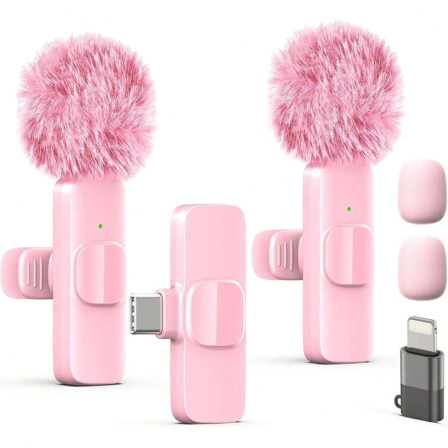 1in 2 Pink Professional Wireless Lapel Microphone, Equipped With Dual Lightning And Type-C Interfaces, Compatible With IPhone And IPad. Suitable For Small-Scale Video Recording, Interviews, Video Podcasts, Vlogs, And Live Streaming. Features Noise-Canceling Technology And Is Plug-And-Play.