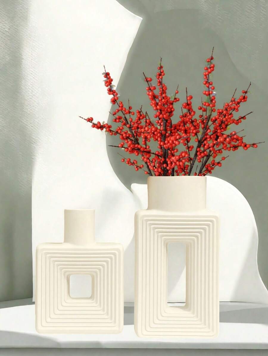 1pc White Ceramic Vase, Square Vase Home Decoration Minimalist Nordic Bohemian Style, Suitable For Living Room, Shelf, Table, Bookshelf, Fireplace And Entryway Decoration Vase Rama Decoration Rama