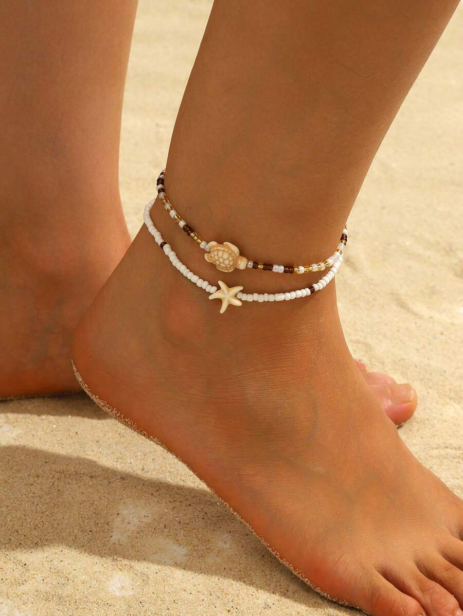 Set de 2 piezas Tobillera dorada con cuentas estilo bohemio, accesorio de joyería de playa con diseños náuticos y de animales marinos, apto para uso diario y viajes