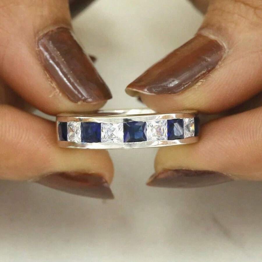 1 Peça Elegante Pulseira de Aço Inoxidável com Cubic Zirconia Azul, Anel de Noivado e Casamento Feminino, Estilo Clássico, Perfeito para Uso Diário e Casamento, Incrustação Sintética de Zircônia