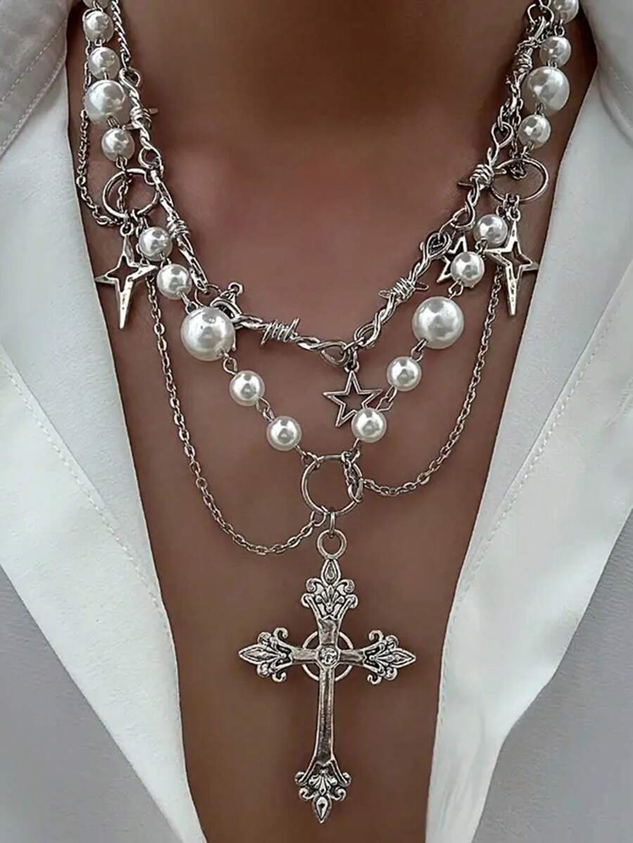 2pcs/Set Fashionable Minimalist Elegant Star Tassel Chain Cross Men Necklace Set, Ideal Gifts For Men, Friends And Families