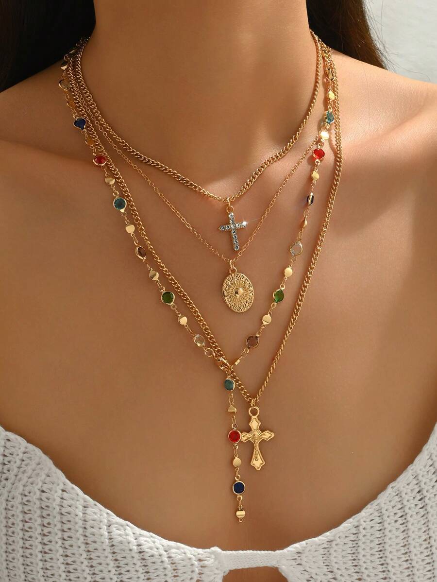 4 Stücke/Set elegante, mit Diamanten besetzte Halskette im Kreuz-Design für das Schlüsselbein, bunter Diamant Y-förmiger Lange Halskette, vielseitiges Design geeignet für den täglichen Gebrauch, Reisen, Partys, Festivals, zufällig angeordnete bunte Diamanten