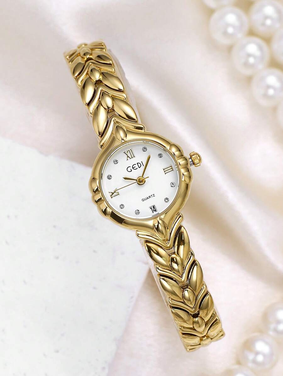 gedi 1 pièce de montre femme fine et simple en alliage doré, cadran rond délicat, aiguilles dorées mode casual et raffinées, très attrayantes, étanche, avec calendrier. Convient pour la vie quotidienne ou les fêtes, peut également être offerte en cadeau aux femmes