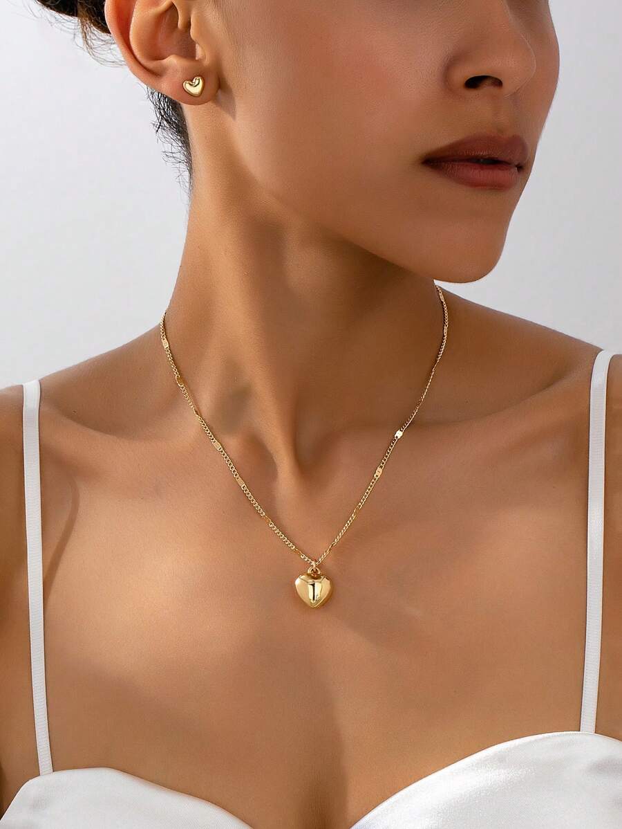 3 pièces Ensemble de bijoux en acier inoxydable avec collier et boucles d'oreilles cœur lisse minimaliste, polyvalents pour un port quotidien