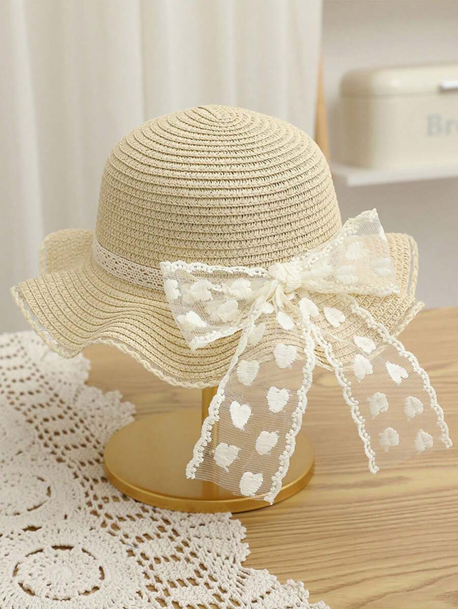 1pc Kids Cute Love Lace Bow Straw Hat, Fashionable Princess Beach Travel Sun Protection Grass Woven Hat, Suitable For Daily Outing