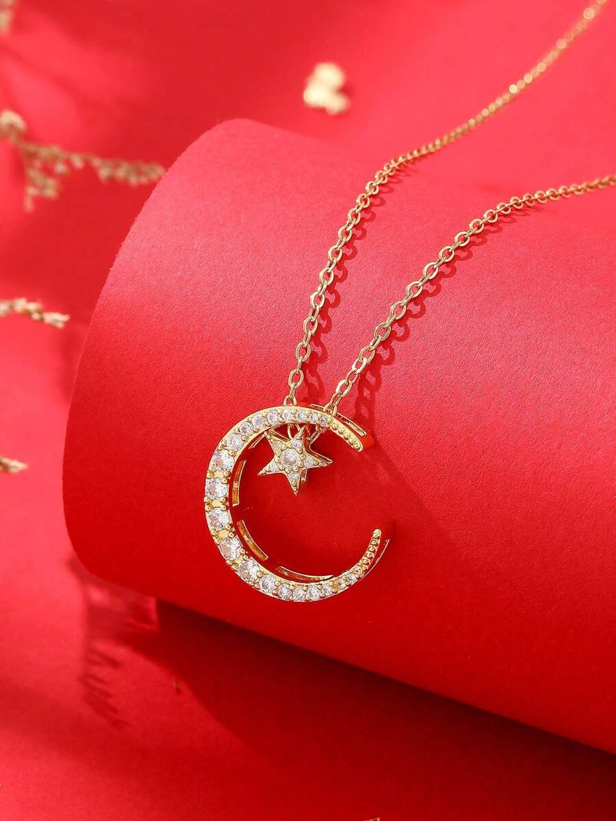 1pc 18K Gold Plated Stainless Steel Chain With Cubic Zirconia Star & Moon Pendant, Minimalist, Fashionable, Suitable For Men & Women, Casual, Street, Christmas, Halloween, Dating, And Daily Wear