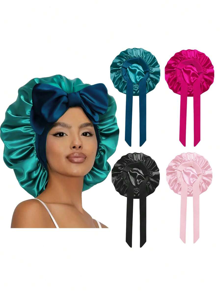 2 pezzi Bonnets da donna con cinturino elastico, in stile seta liscia, colore tinta unita, Bonnets in raso per la cura dei capelli, uso casuale e quotidiano