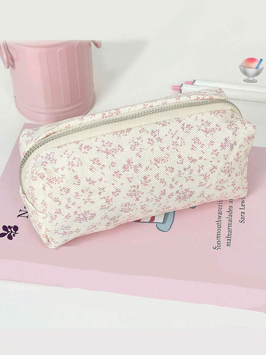 1Pc Floral Print Pencil Case, Back-To-School Stationery Organizer, Double-Sided Printed Pouch, Portable Multi-Functional Office & School Pencil Holder, Pencil Pouch, School Bag School Supplies, Back To School