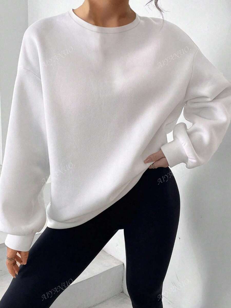 Plus Size Plain Round Neck Long Sleeve Casual Sweatshirt, Autumn/Winter