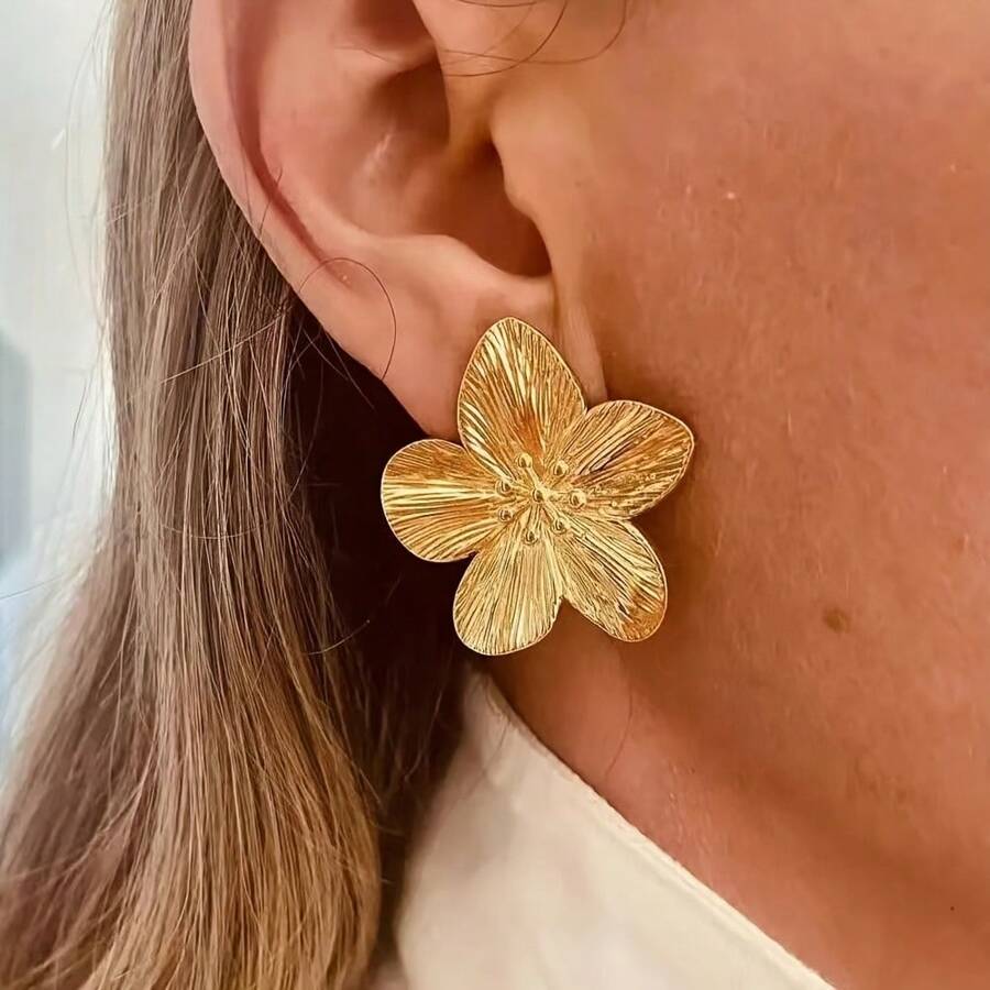 1 pieza Anillo ajustable de metal con flor retro de 5 pétalos sobredimensionada, pendientes versátiles de uso diario de alta gama