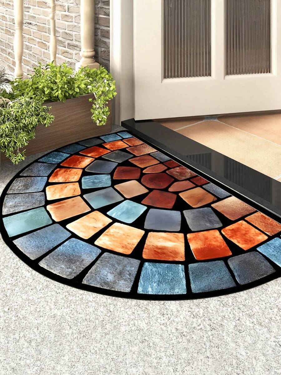 Capacho de porta com estampa de pedra colorida, 1 peça, de poliéster, lavável, com design semicircular retrô, adequado para decoração de quarto, entrada ou casa - durável, fácil de limpar, usado para decoração de porta, banheiro e entrada - disponível em vários tamanhos, resistente a manchas, resistente e à prova de poeira