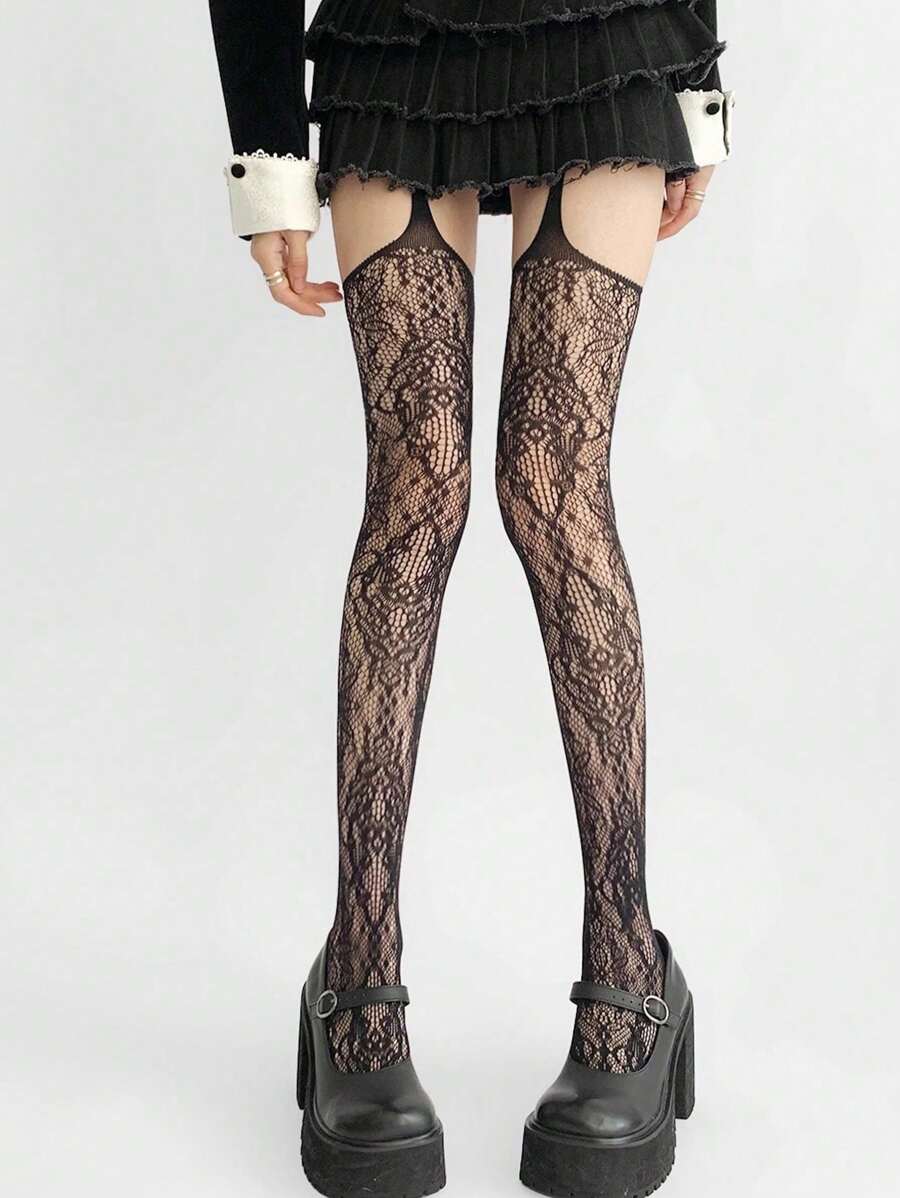 1 pieza Medias de red de estilo gótico oscuro con estampado de telaraña sensual para mujer, adecuado para Halloween