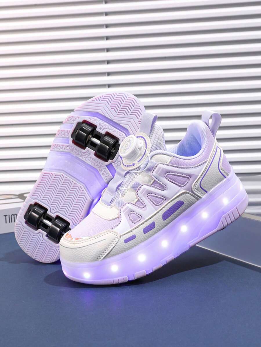Zapatos de patines de ruedas para niños, zapatos de patinaje sobre ruedas para adolescentes, zapatos de patines de ruedas de cuero PU de doble rueda de 4 ruedas, zapatos con luces LED que se iluminan todo el año con carga USB, ruedas desmontables, patines de ruedas y patines de hielo 2 en 1