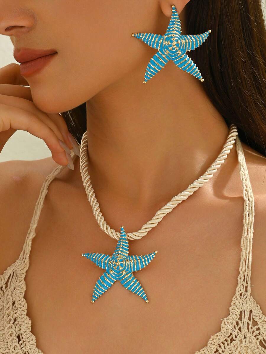 1 Set modischer vielseitiger gestreifter Rüschen Seestern Anhänger Halskette und Ohrringe, Boho Stil Schmuck Geschenk für Frauen für Urlaub/Date