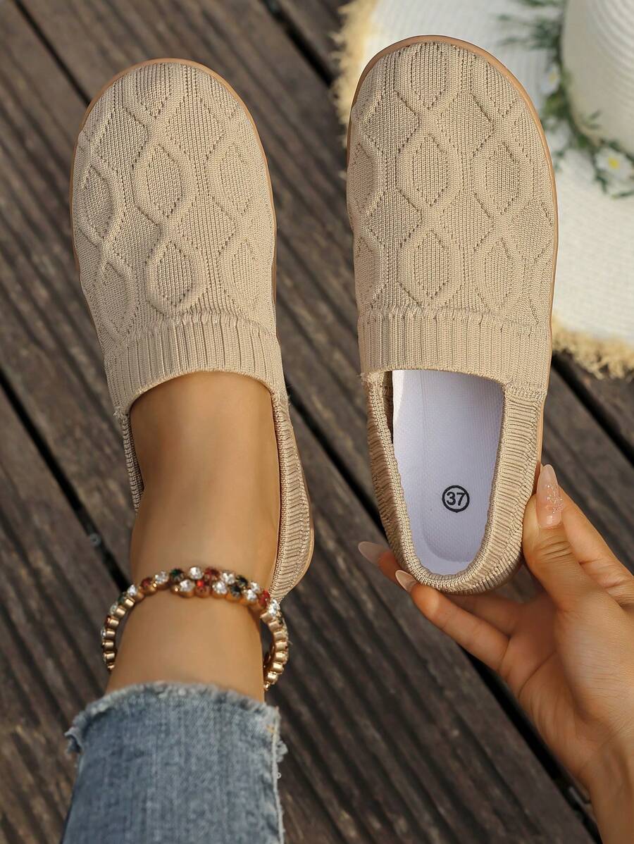 Ladies Summer Slip-On Soft Bottom Casual Sneakers, Breathable Knitted Texture Elastic Ankle Design, Lightweight Driving Shoes, Suitable For Home, Walking, Grocery Shopping, White, Black, Brown